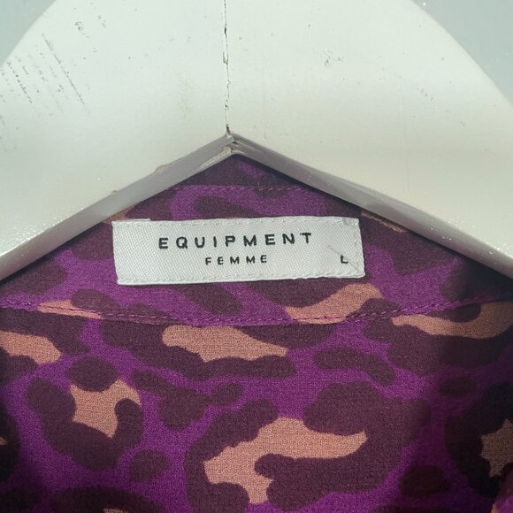 Equipment Femme Women L Purple Tan Animal Print Blouse Silk Sheer Button Front - Picture 5 of 10